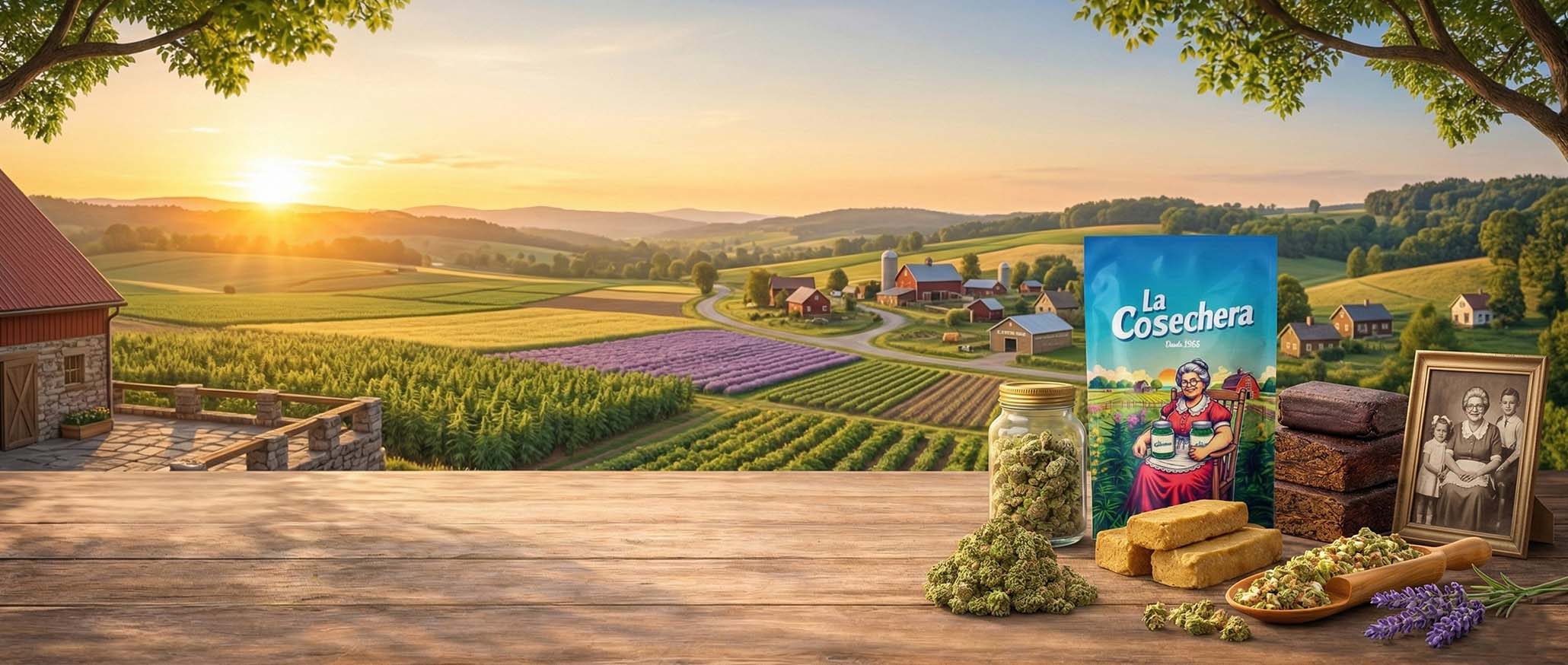 Bolsa La Cosechera junto a tarro de flores y bloques de resina sobre mesa de madera, con paisaje rural al amanecer de fondo.