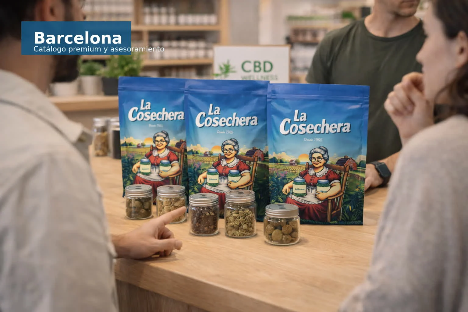 Mostrador de tienda CBD en Barcelona con catálogo premium y atención profesional