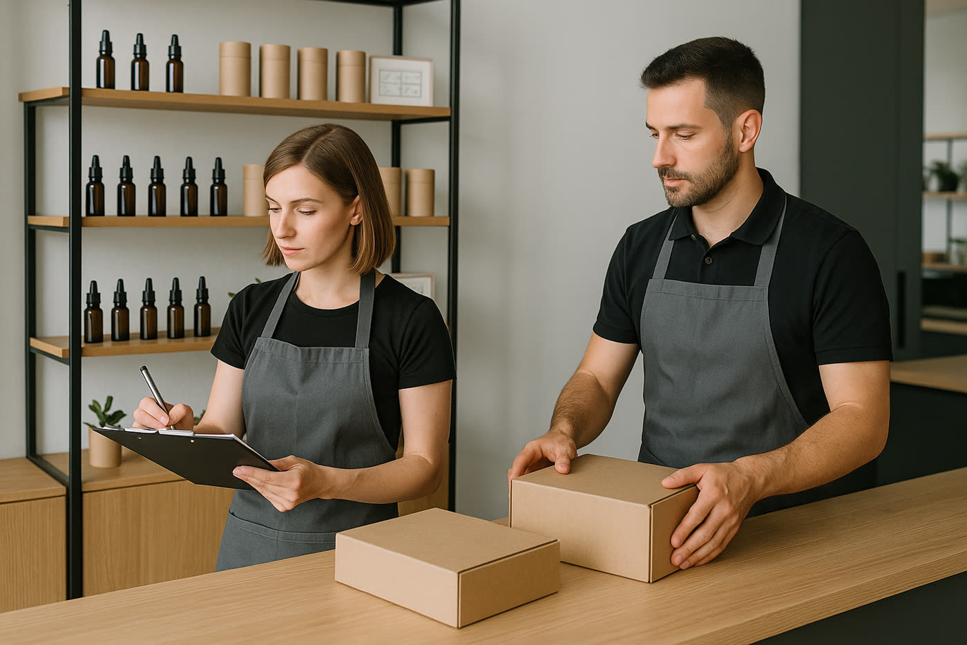 Equipo preparando reposición sencilla para un catálogo inicial de CBD con control de stock