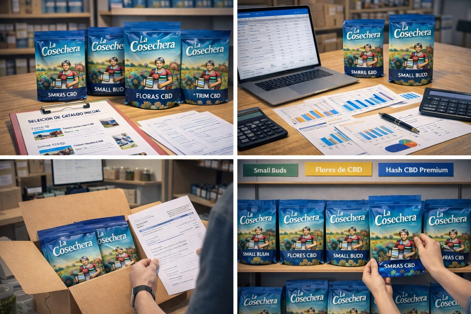 Selección de catálogo inicial con bolsas de flores CBD y small buds sobre mostrador de tienda