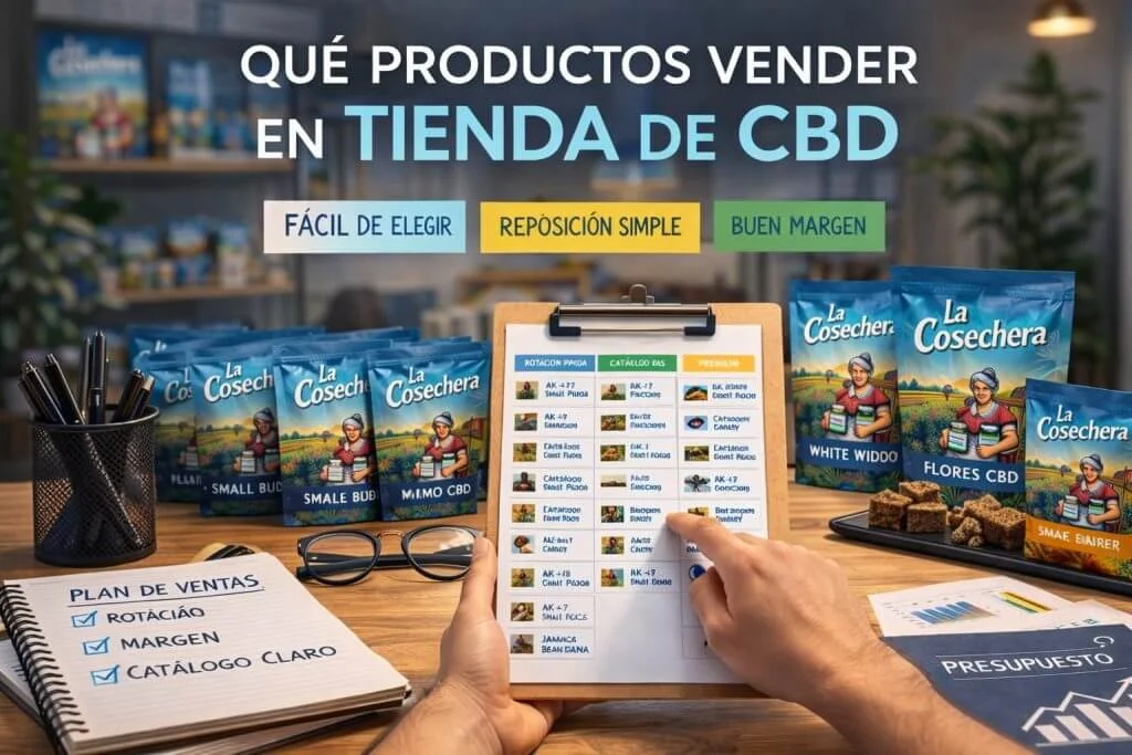 Expositor con bolsas de flores CBD y small buds organizadas en mesa de tienda con planificación de ventas