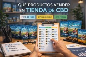 Expositor con bolsas de flores CBD y small buds organizadas en mesa de tienda con planificación de ventas