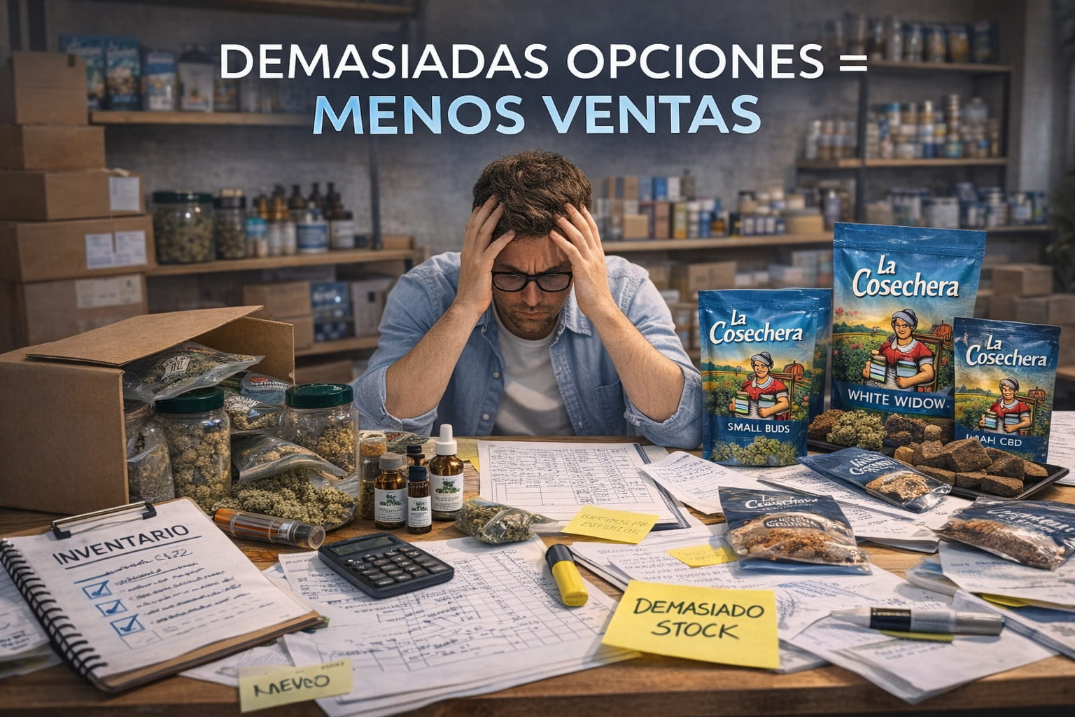 Cliente evaluando flores CBD en mostrador con pocas opciones y catálogo organizado en tienda