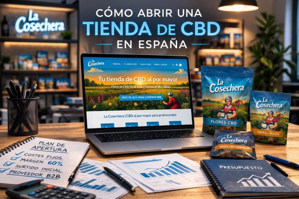 Mesa de trabajo con portátil y catálogo B2B de CBD, productos La Cosechera y documentos de plan de apertura