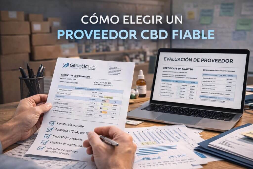 Evaluacion de proveedor CBD con checklist de analiticas por lote y certificado COA sobre mesa de trabajo