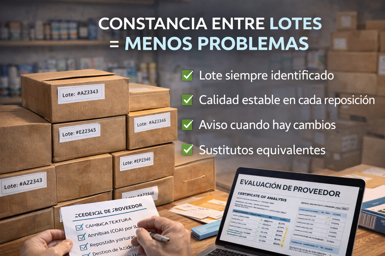 Cajas con identificacion de lote y evaluacion de proveedor CBD en mesa con ordenador y documentos