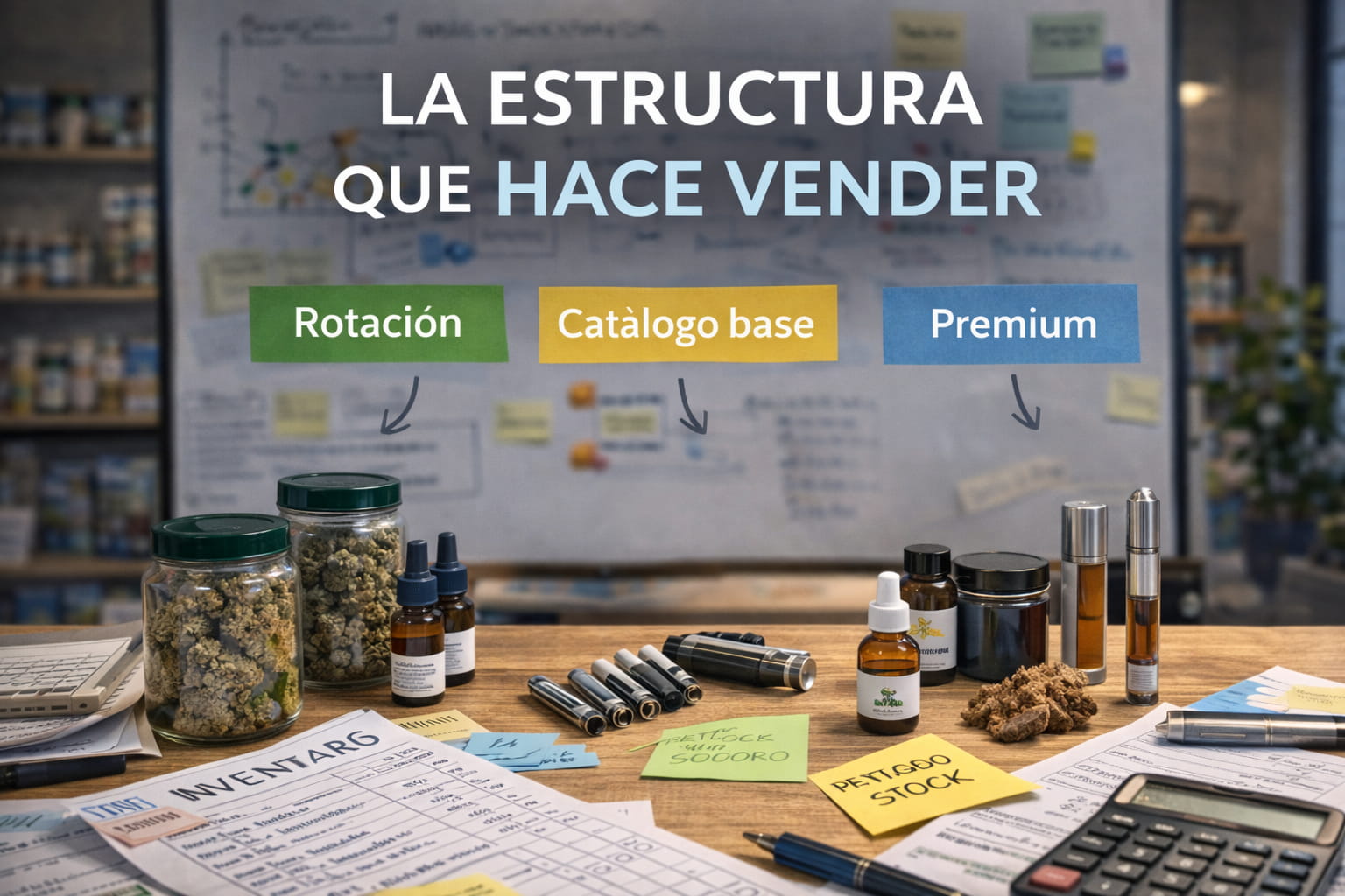 Mesa llena de flores CBD, aceites y documentos de inventario con comerciante preocupado por exceso de stock