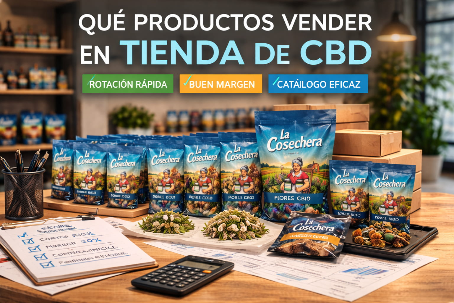 Estructura de catálogo para tienda de CBD con productos organizados en rotación, base y premium sobre mesa de inventario