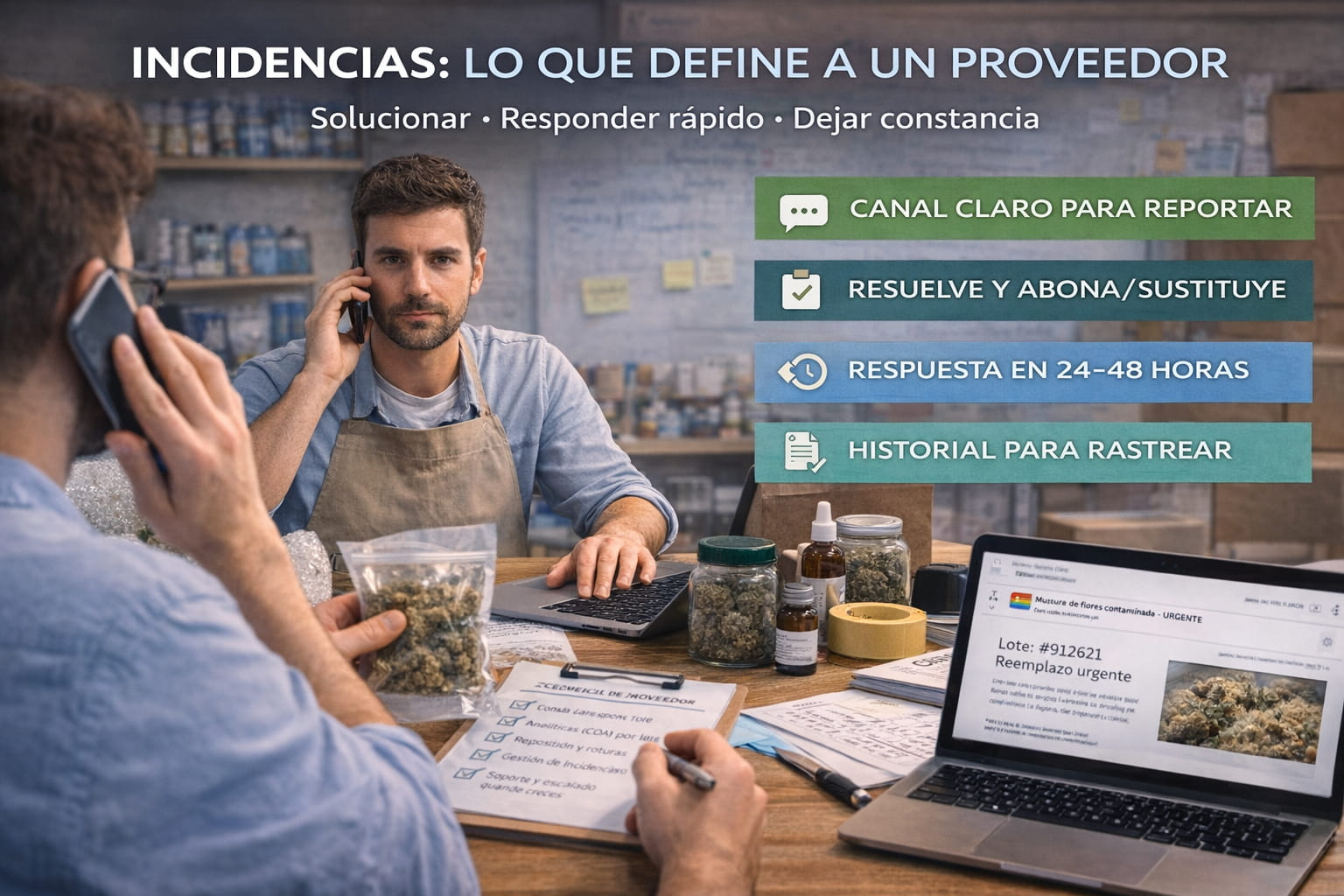 Gestión de incidencias con proveedor CBD mediante llamada y reporte de lote con producto sobre mesa
