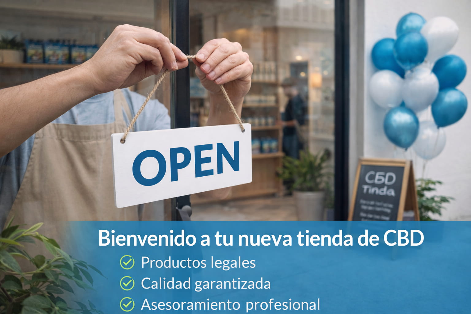 Persona colgando un cartel de abierto en la puerta de una nueva tienda de CBD con decoración de globos