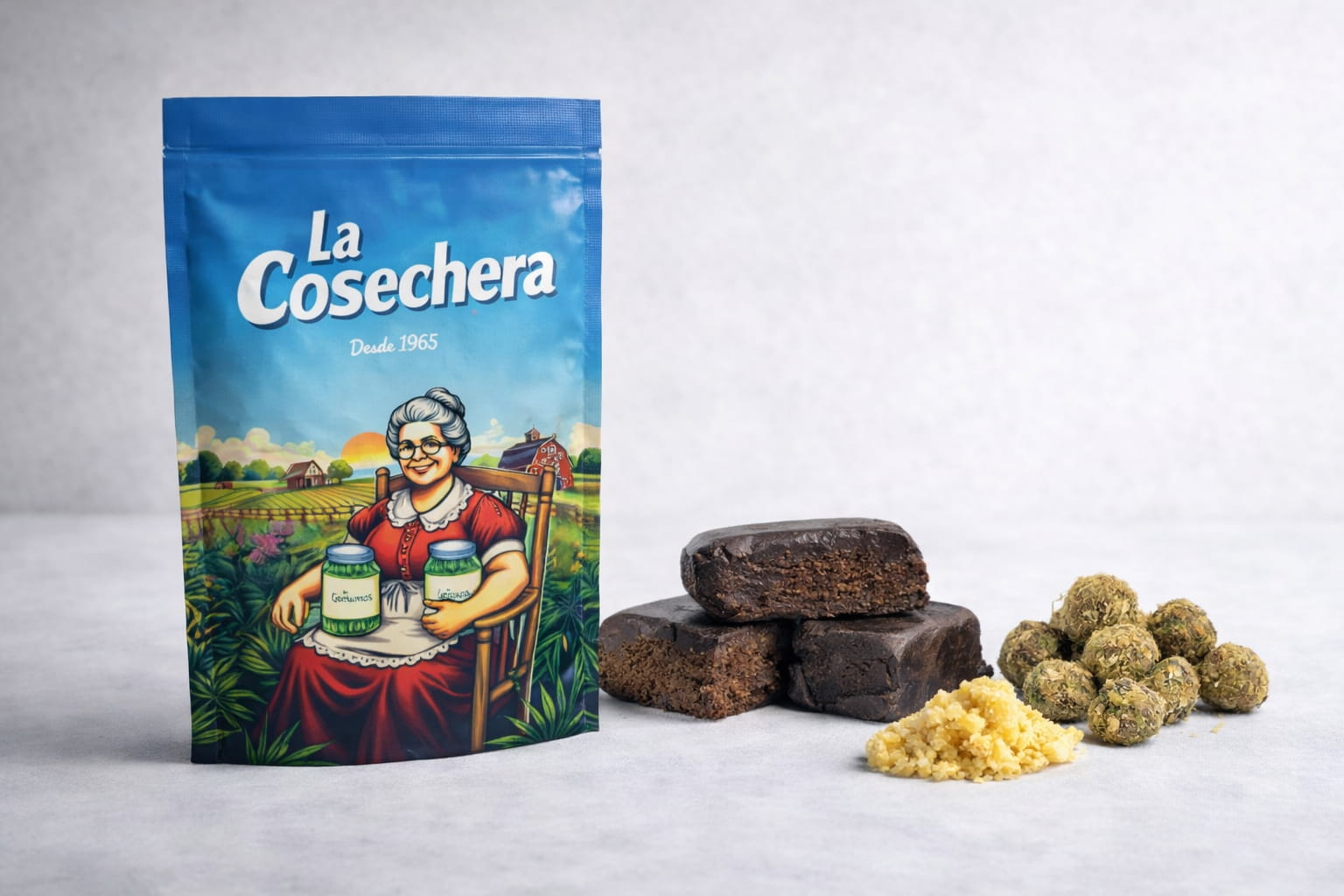 Bolsa azul La Cosechera sobre mesa de madera con texto CBD al por mayor en Madrid