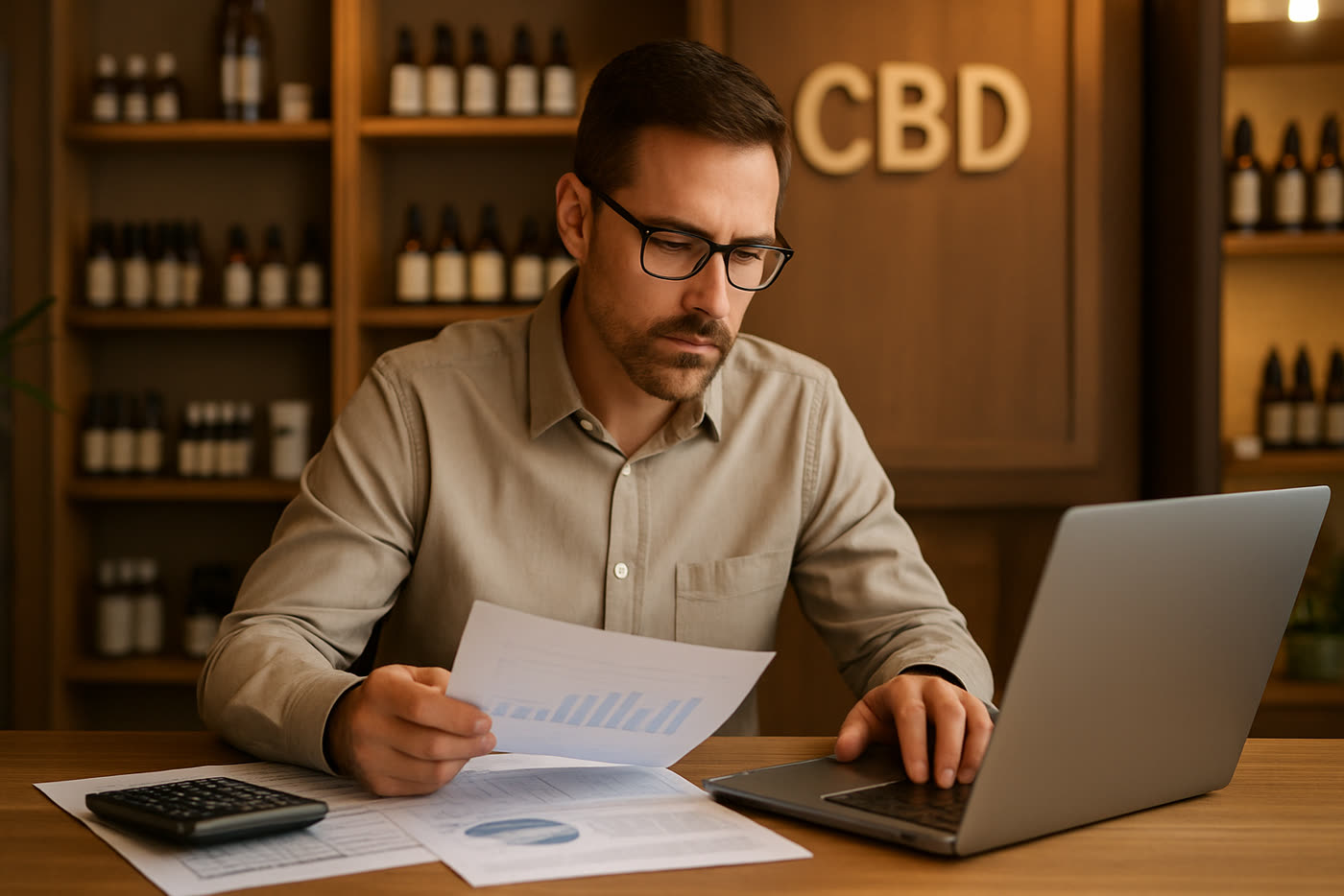 Responsable de tienda revisando margen bruto por categoría en un negocio profesional de CBD