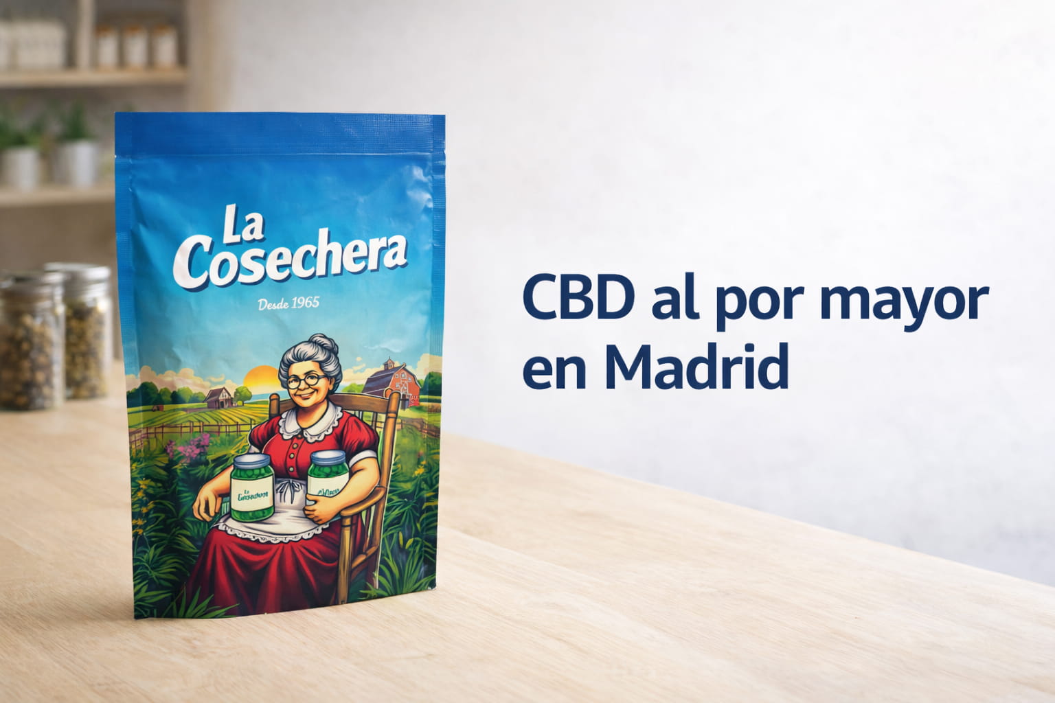 Imagen Mayorista CBD en Madrid con checklist y productos como flores, resinas y aceites junto a bolsa La Cosechera