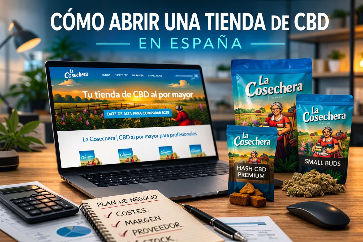 Portátil con web mayorista de CBD y productos La Cosechera junto a notas de costes, margen y proveedor