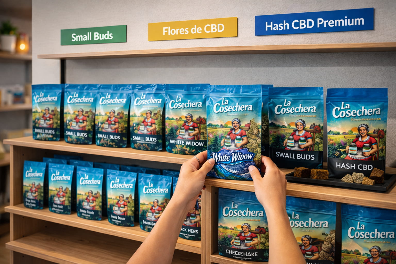 Lineal de tienda con bolsas de CBD La Cosechera por categorías y manos colocando un producto en estantería