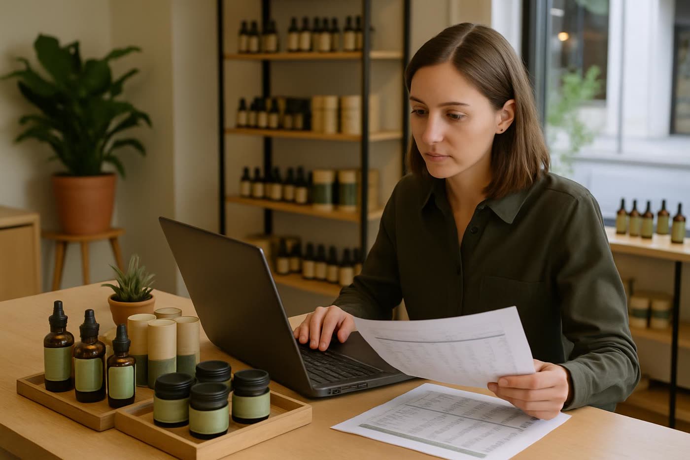 Gestor de tienda revisando margen y composición de packs rentables en CBD