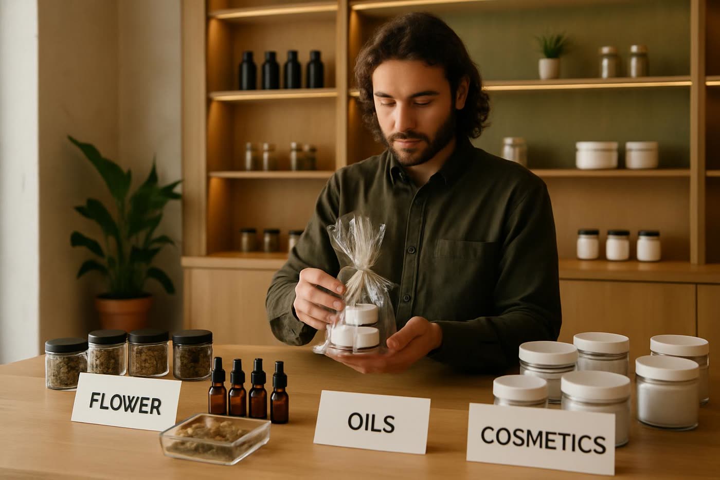 Responsable de tienda preparando packs rentables de CBD en mostrador con criterio comercial