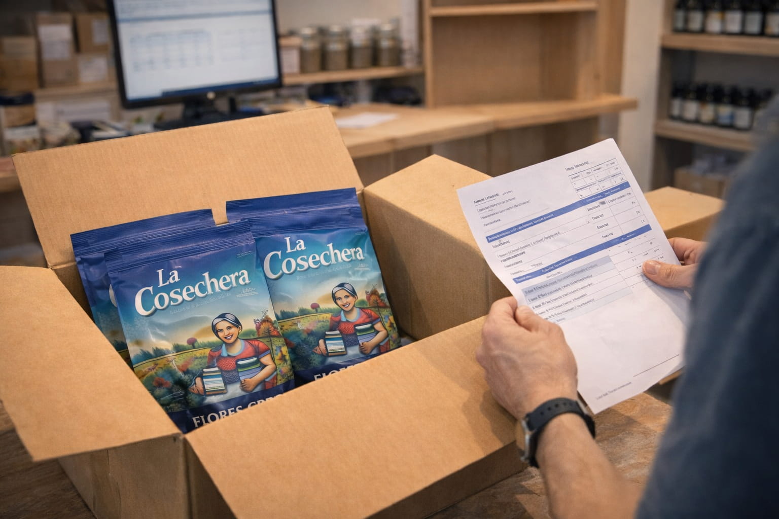 Caja con bolsas de flores CBD La Cosechera y revisión de factura en almacén de tienda