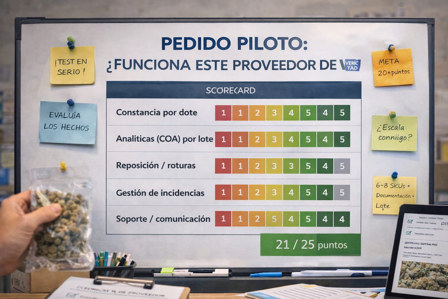 Scorecard de evaluacion para pedido piloto a proveedor CBD con puntuacion por constancia y soporte