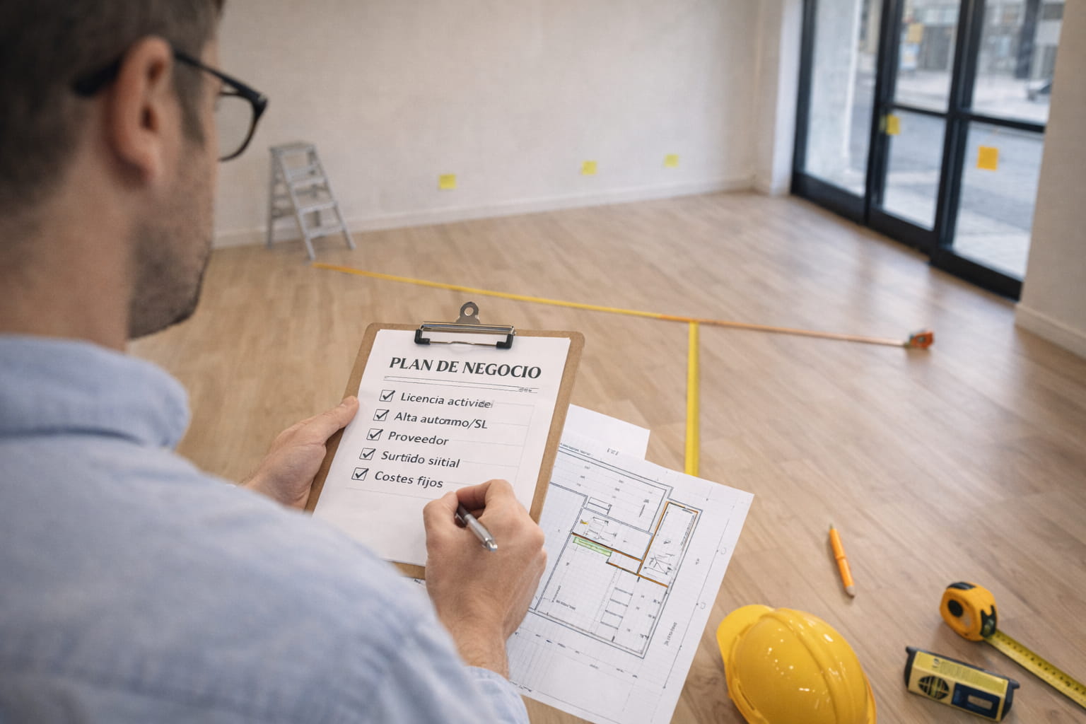 Emprendedor revisando un plan de negocio en un local vacío antes de abrir una tienda de CBD en España