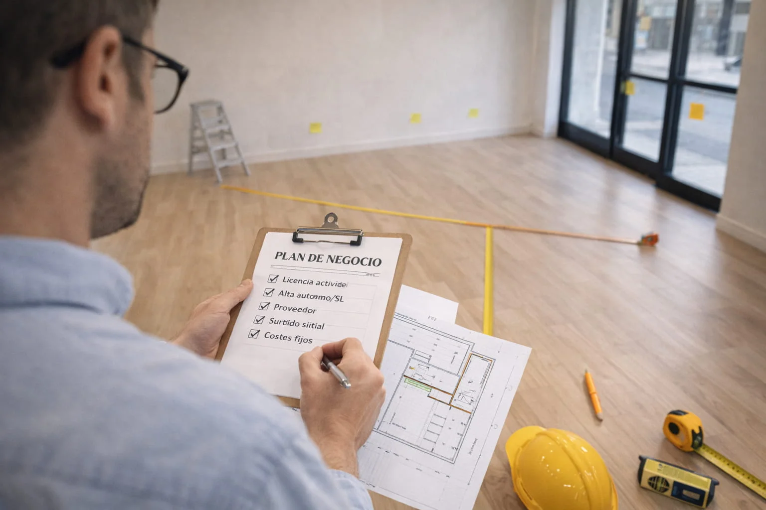Emprendedor revisando un plan de negocio en un local vacío antes de abrir una tienda de CBD en España