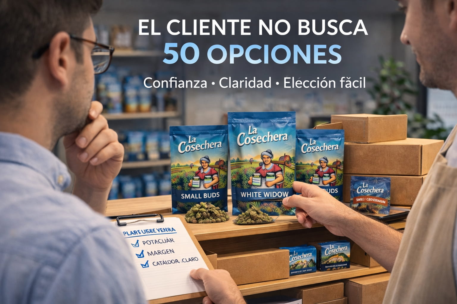 Manos revisando plan de catálogo de tienda de CBD con listado de productos y bolsas de flores sobre mostrador