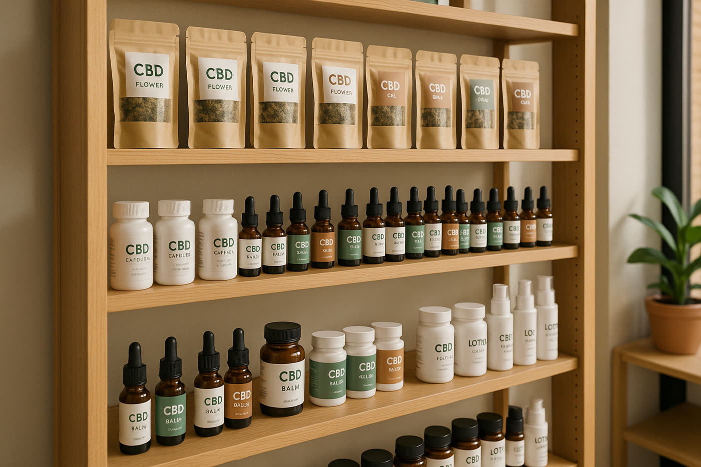 Lineal de tienda CBD equilibrado por categorías y rotación para facilitar compras inteligentes