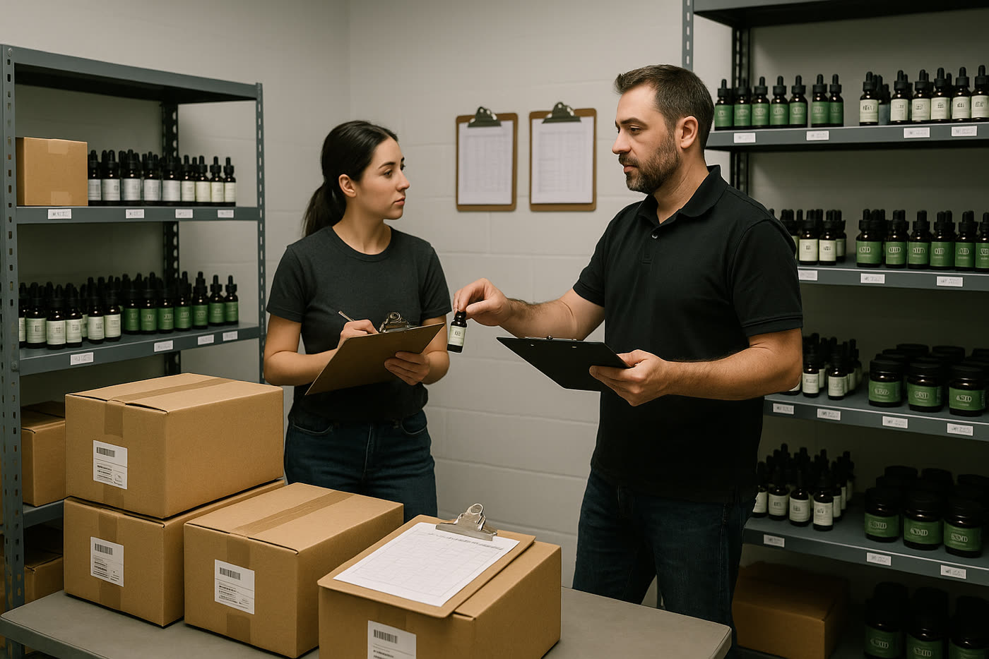 Equipo revisando entrada de mercancía y prioridades de reposición en una tienda de CBD