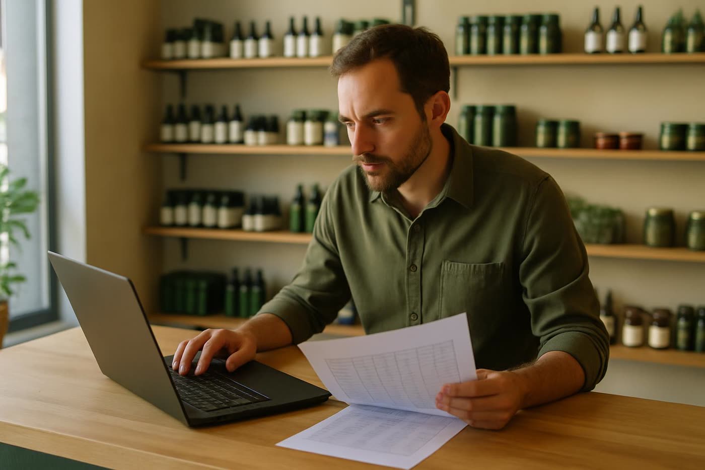 Responsable de tienda revisando gamas, márgenes y precios en un negocio de CBD