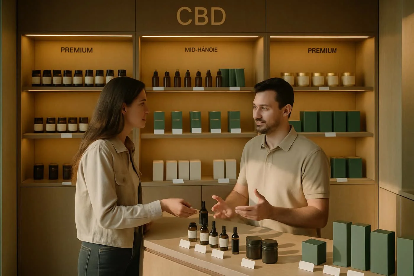 Lineal premium de tienda CBD ordenado por gamas de precio para vender mejor