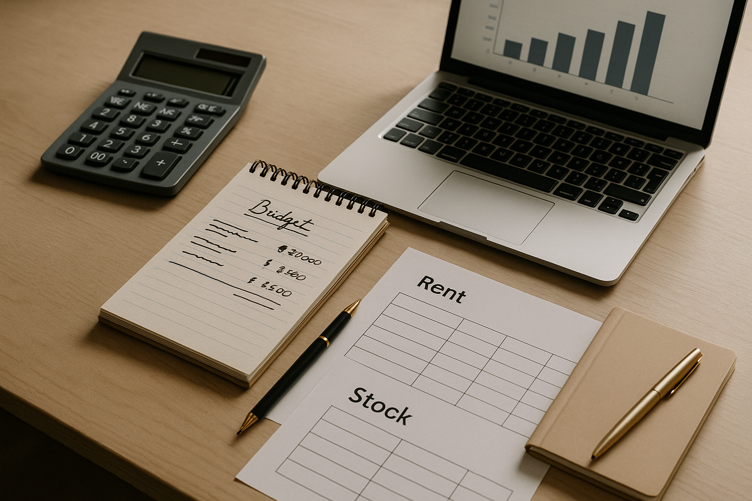 Mesa de planificación con presupuesto, calculadora y análisis de costes para abrir una tienda de CBD