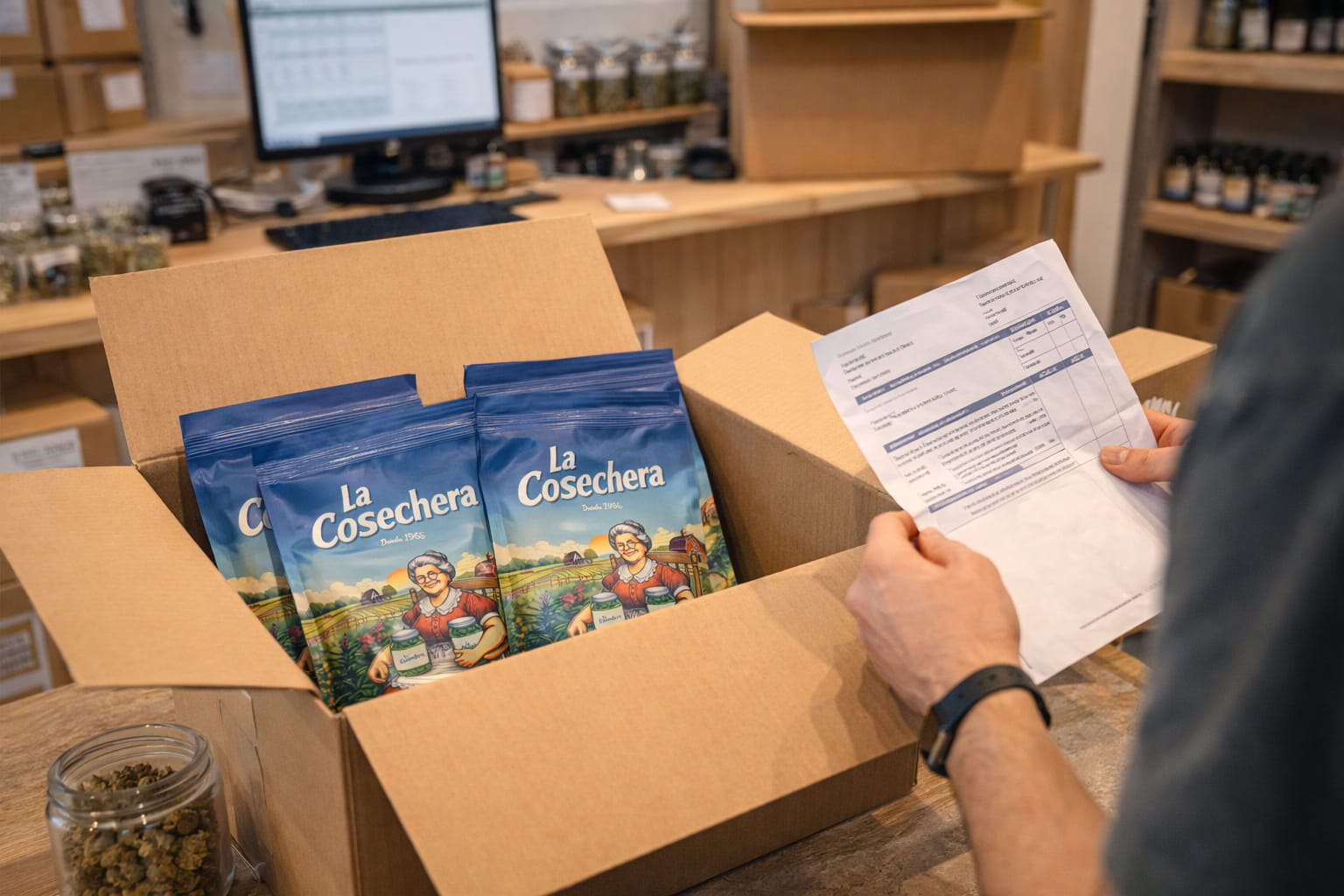 Caja abierta con bolsas de CBD La Cosechera mientras se revisa un albarán de pedido en el mostrador