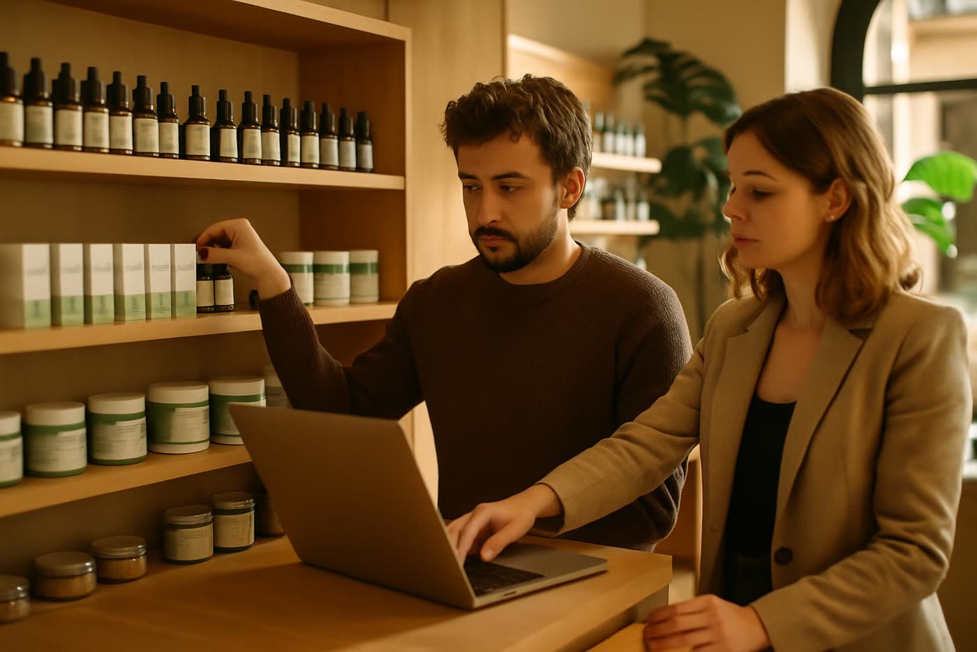 Responsable de tienda revisando las categorías CBD más vendidas y su función comercial