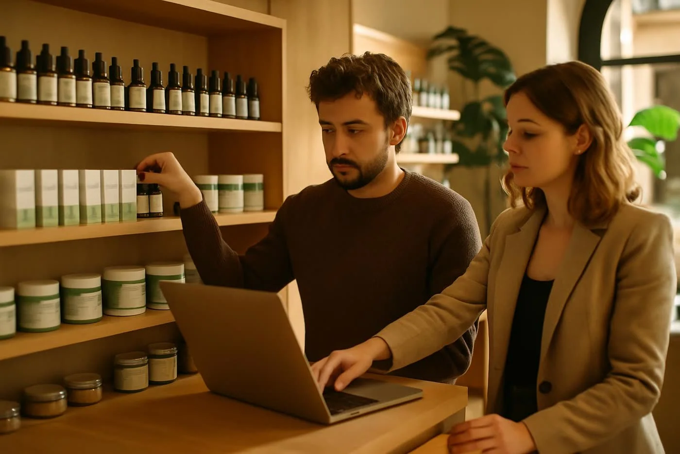 Responsable de tienda revisando las categorías CBD más vendidas y su función comercial