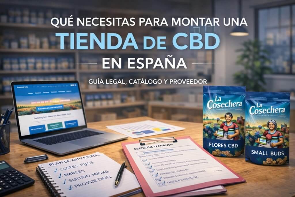 Escritorio con portátil, documentos y bolsas La Cosechera ilustrando guía para montar tienda de CBD en España