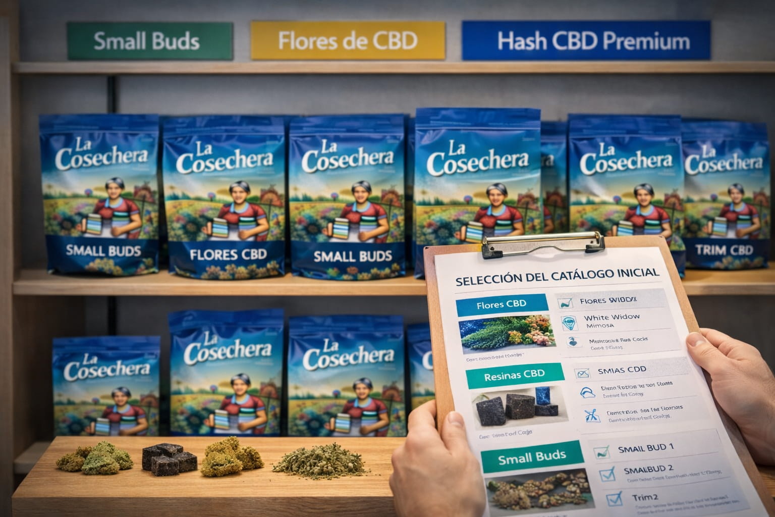 Recepción de caja con productos CBD y comprobación de documento de pedido en almacén