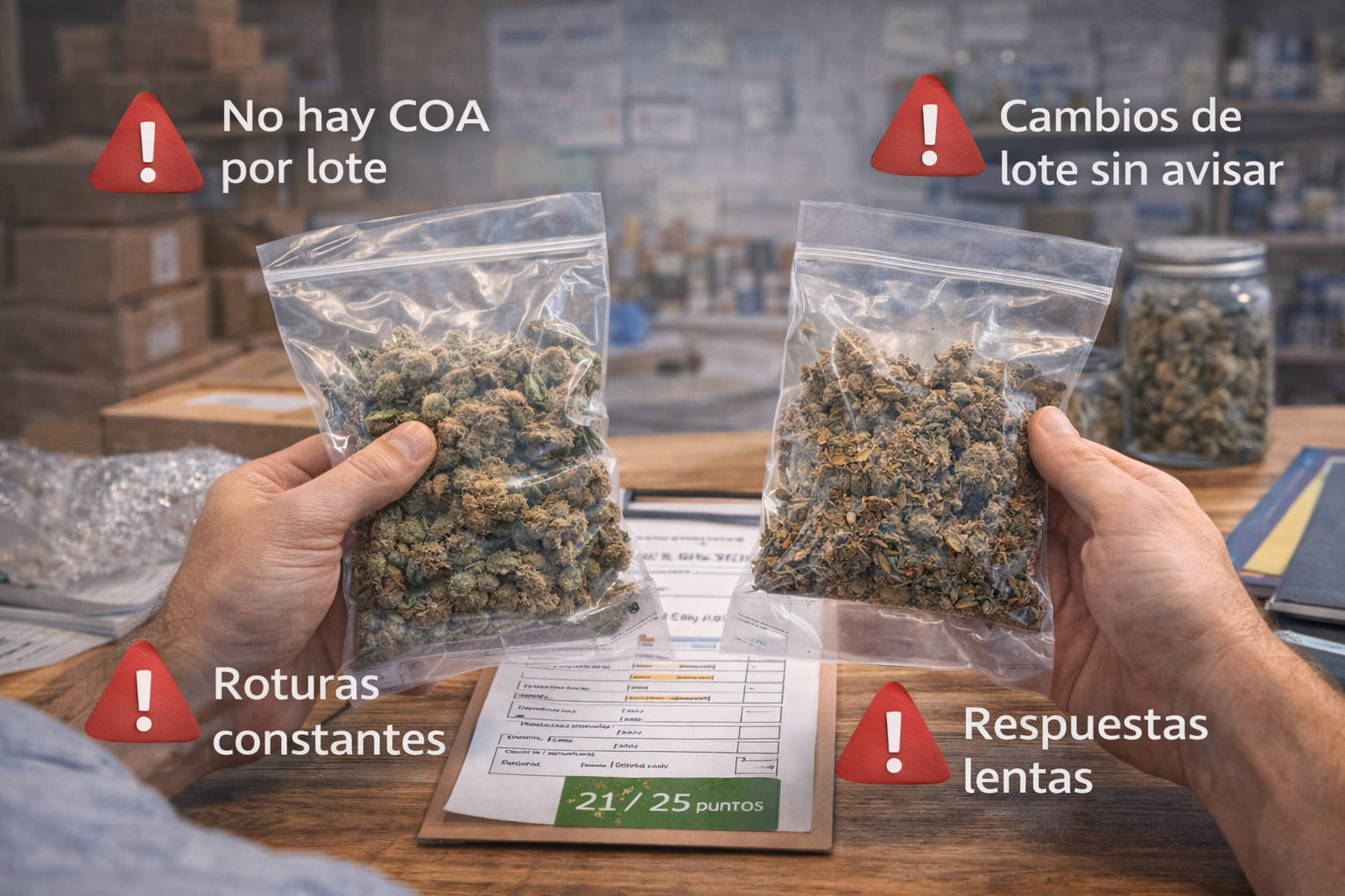 Comparacion de dos bolsas de flores CBD con advertencias sobre falta de COA y cambios de lote