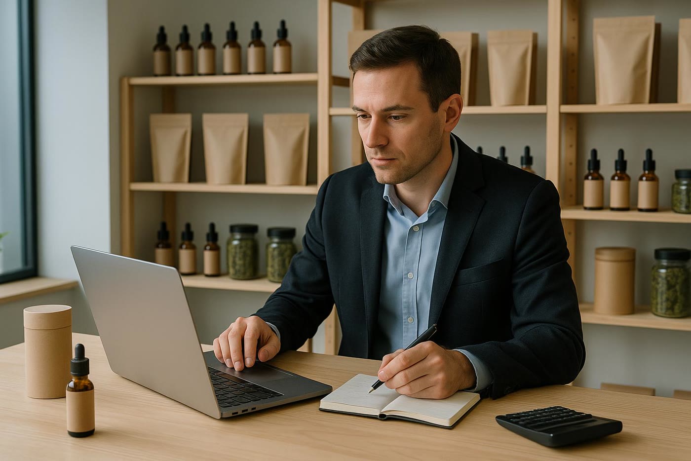 Profesional revisando margen, ventas y stock en una tienda de CBD