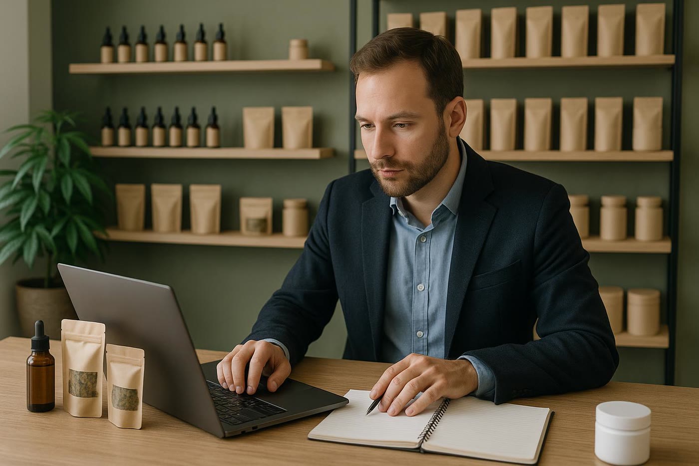 Lineal ordenado de tienda CBD con foco en rotación y reposición de stock