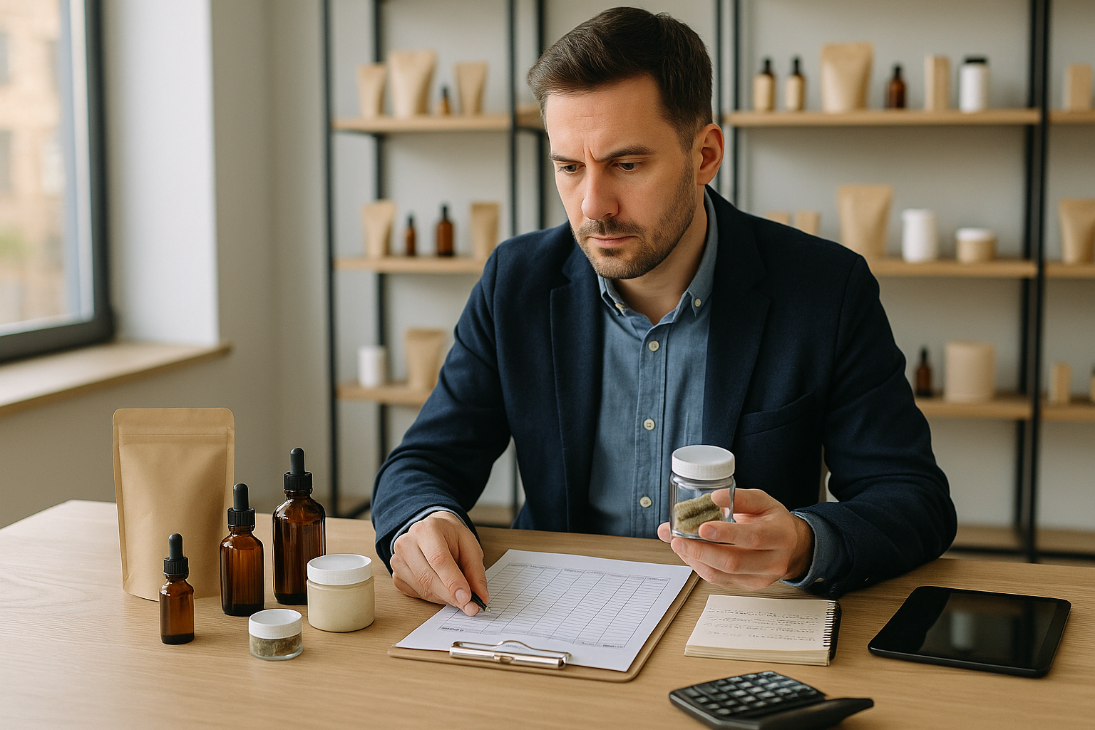 Responsable de compra revisando surtido, reposición y control de márgenes en una tienda de CBD