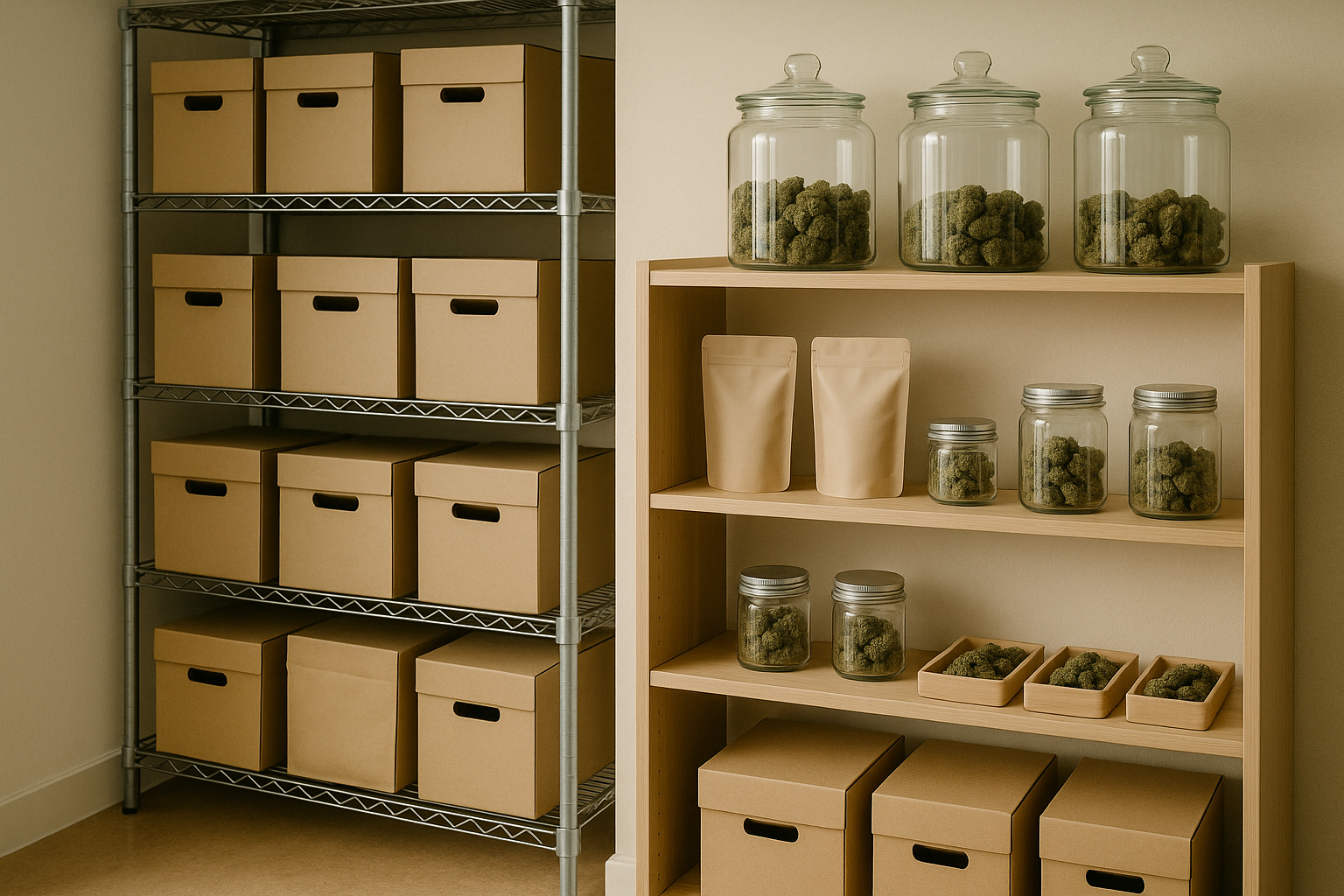 Lineal y zona de inventario ordenada para definir stock y surtido inicial de una tienda de CBD