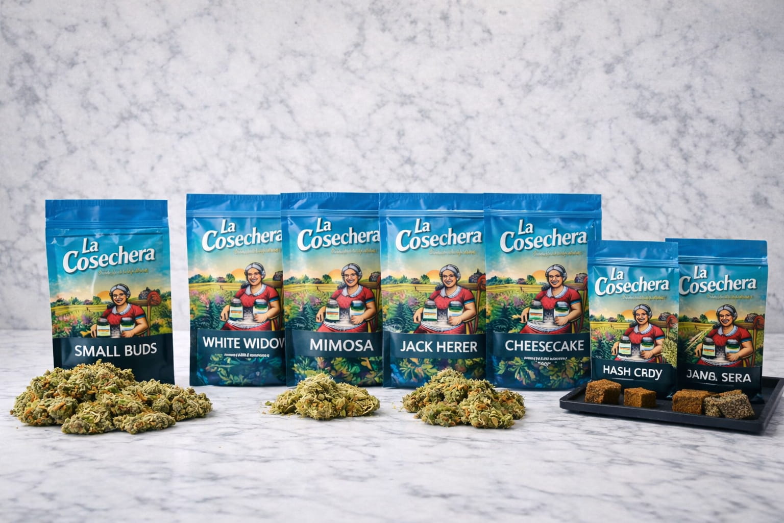 Selección de bolsas de CBD La Cosechera con montones de flor y piezas de hash sobre una superficie clara