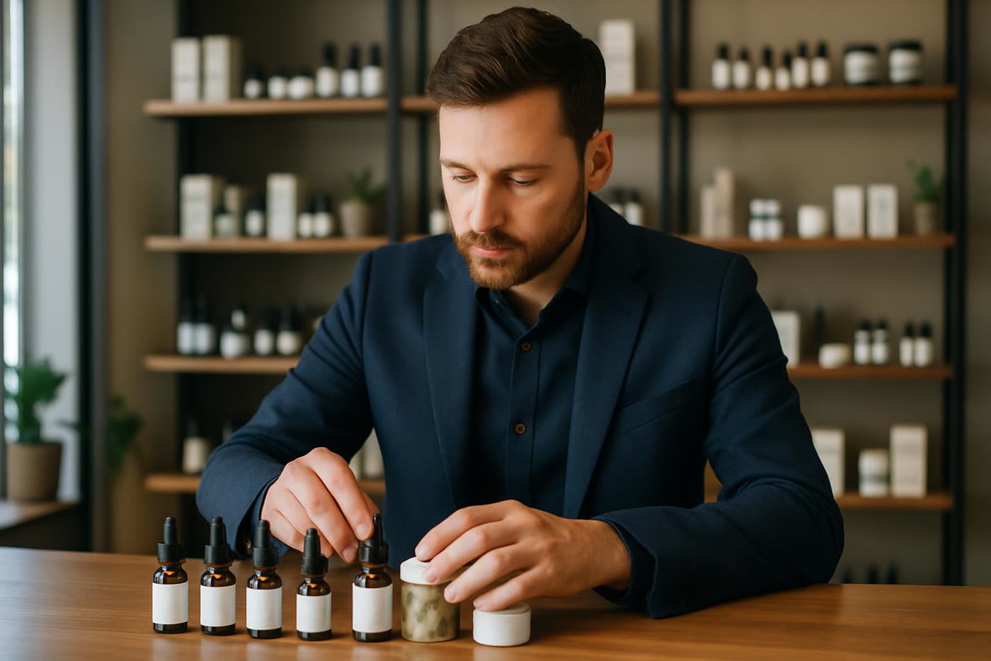 Responsable de tienda preparando combinaciones de producto para aumentar el ticket medio en CBD