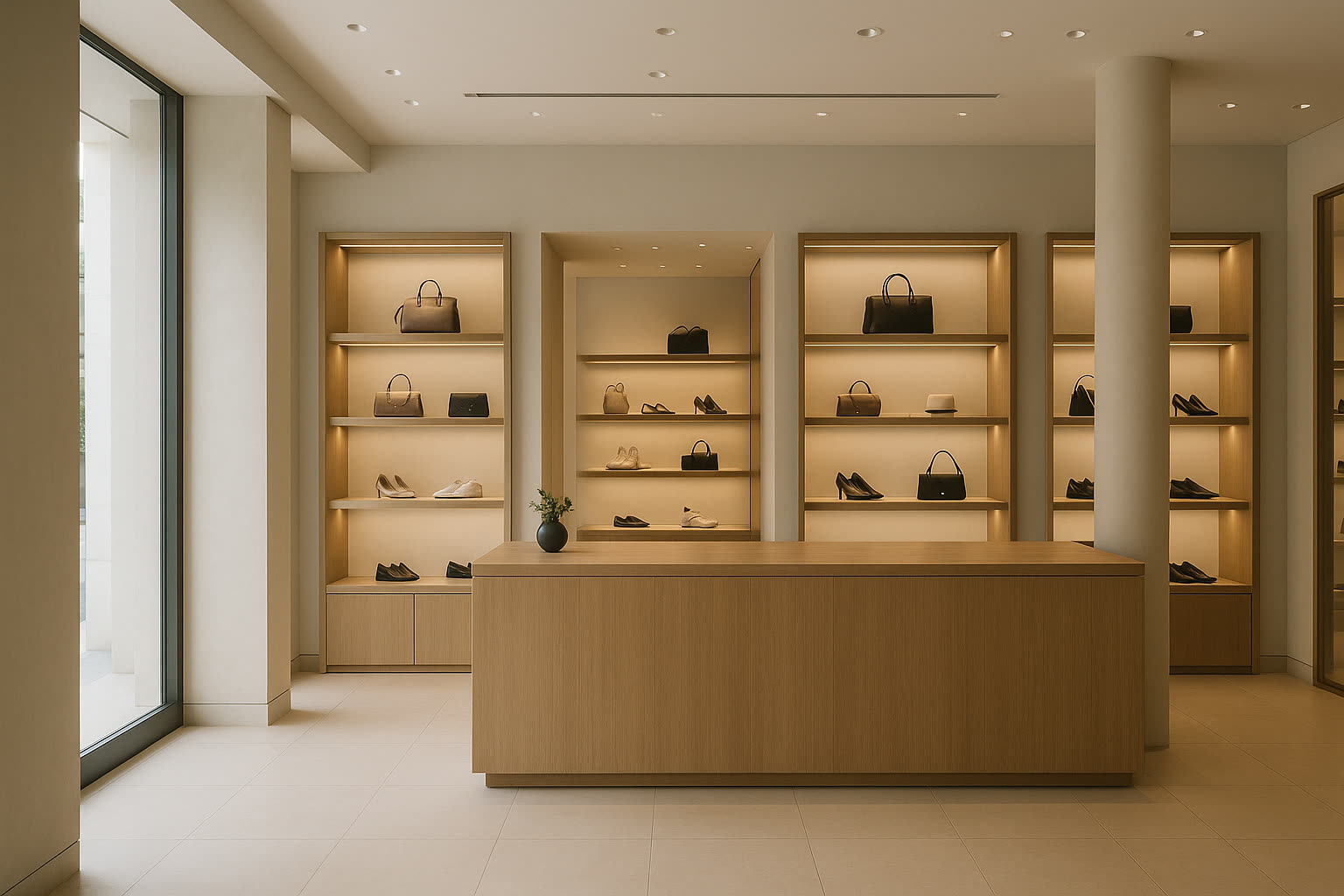 Interior realista de tienda premium en Málaga con ambiente comercial cuidado