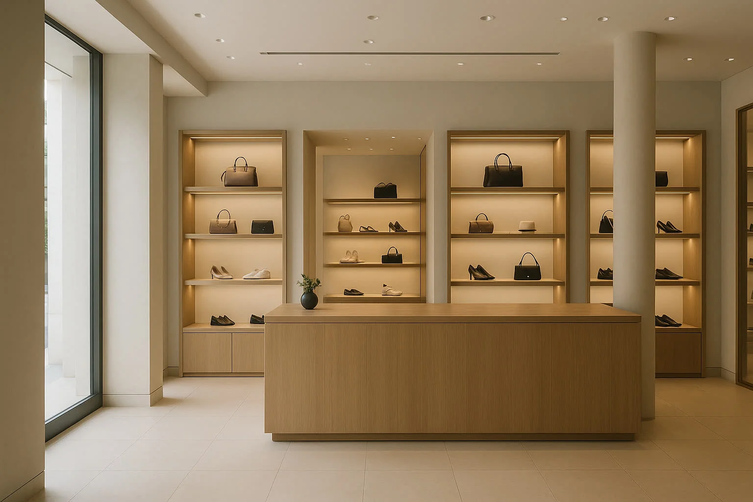 Interior realista de tienda premium en Málaga con ambiente comercial cuidado