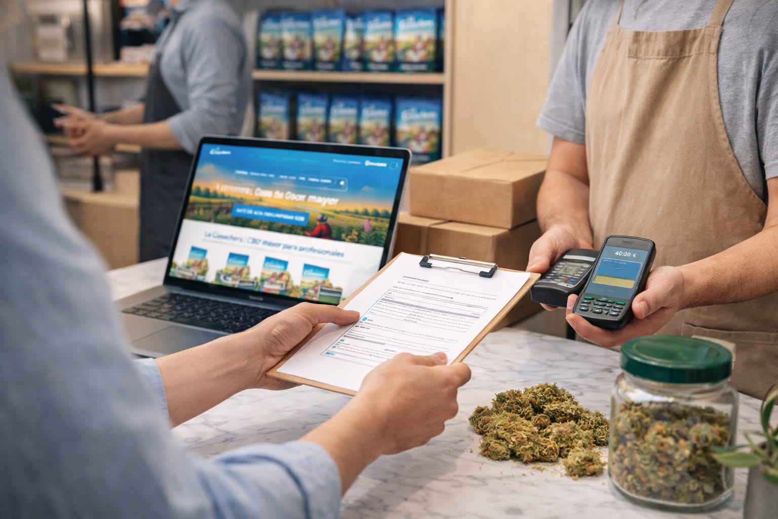 Venta en mostrador de tienda de CBD con datáfono, documento en portapapeles y producto a granel en la mesa