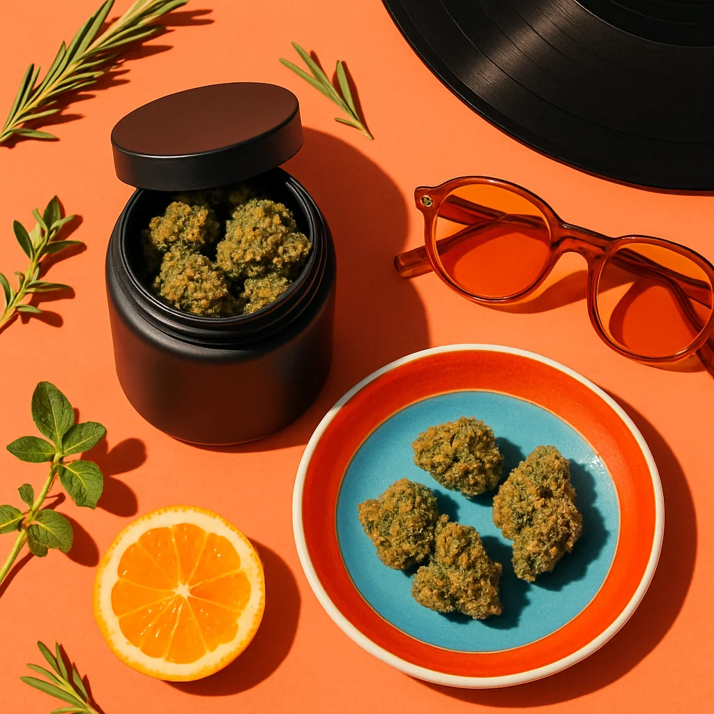Composición aérea sobre fondo coral con envase mate, cerámica moderna, vinilo y cítricos