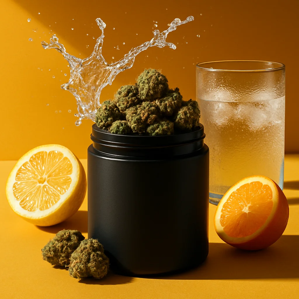 Envase mate sin etiqueta con cogollos de CBD y rodajas de cítricos en fondo amarillo mostaza