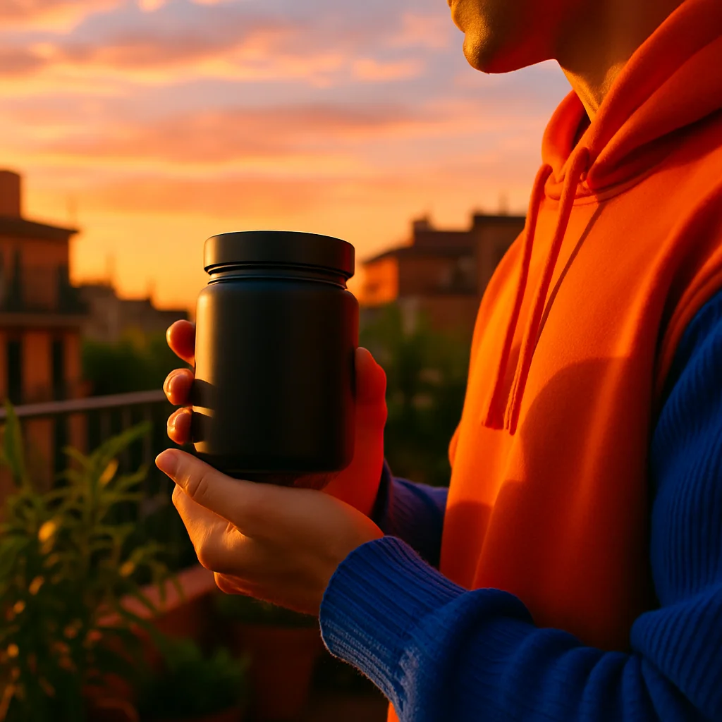 Manos sosteniendo un bote mate sin etiqueta con flores de CBD en una terraza urbana al atardecer