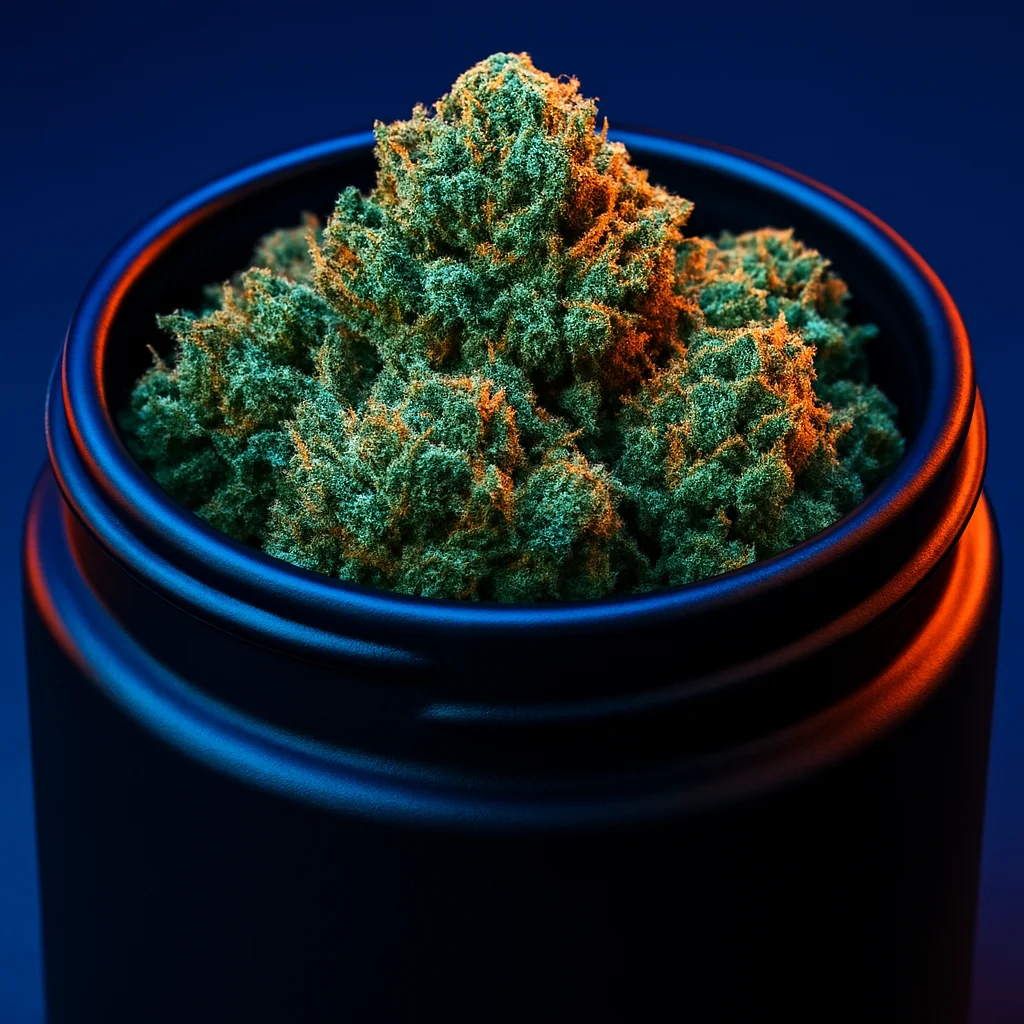 Macro de cogollos de CBD densos con tricomas brillantes y resina pegajosa iluminados en azul cobalto y naranja quemado